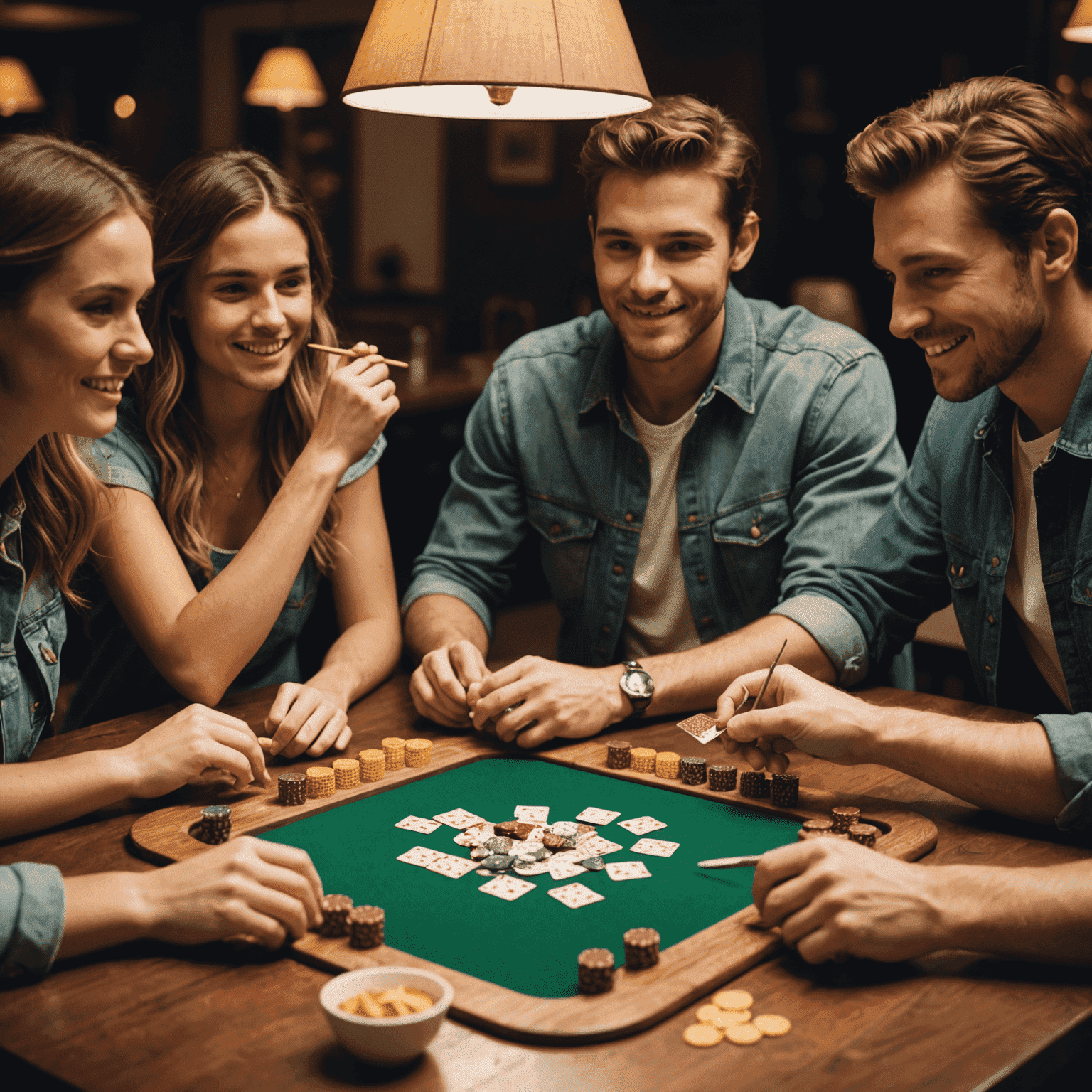 Grupo de amigos jugando Stake en una mesa, con fichas y tablero visible