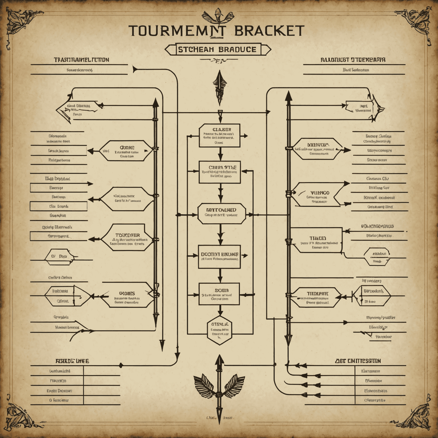 Diagrama de un bracket de torneo de Stake con nombres de jugadores y flechas indicando el progreso