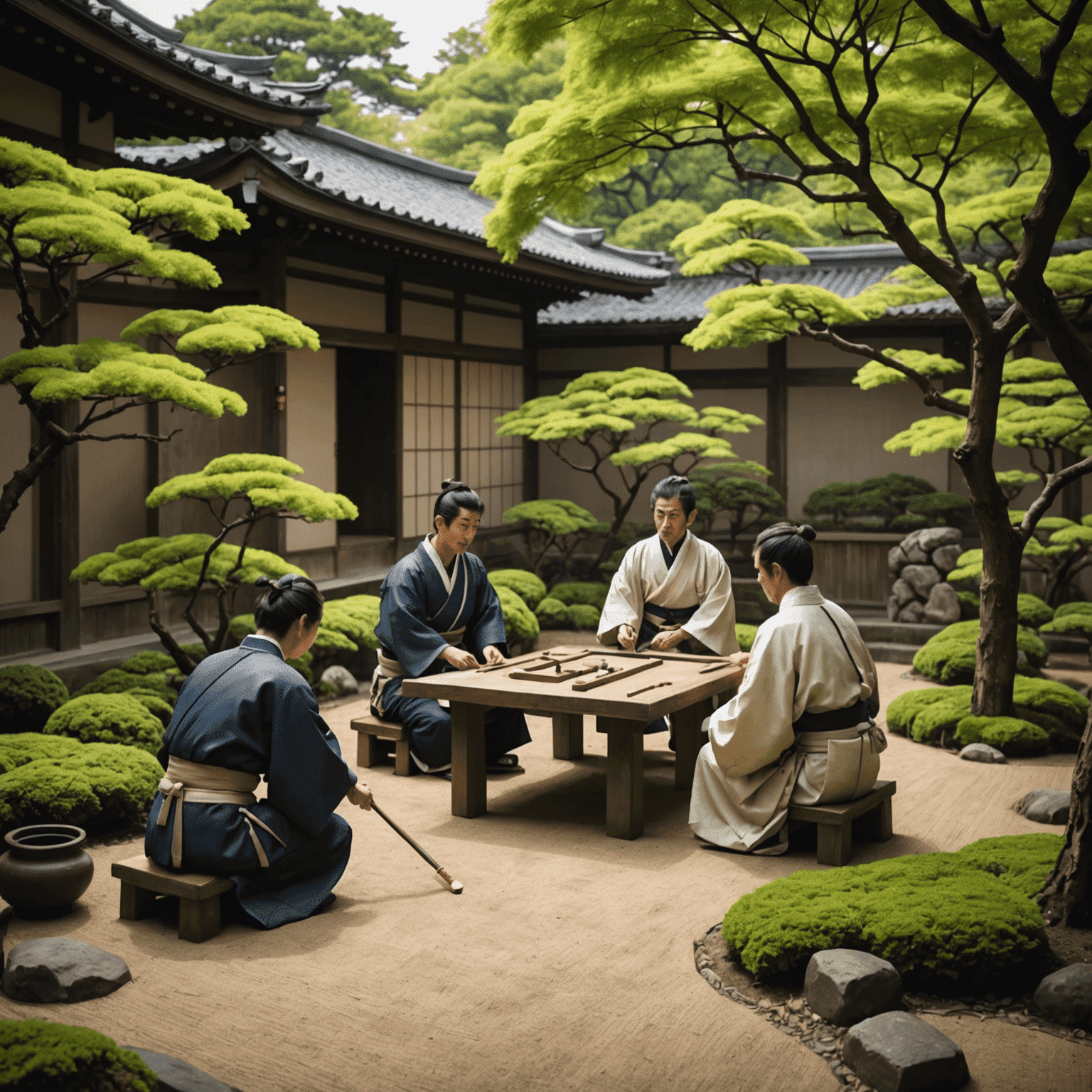 Jugadores japoneses concentrados en una partida de Stake en un jardín tradicional