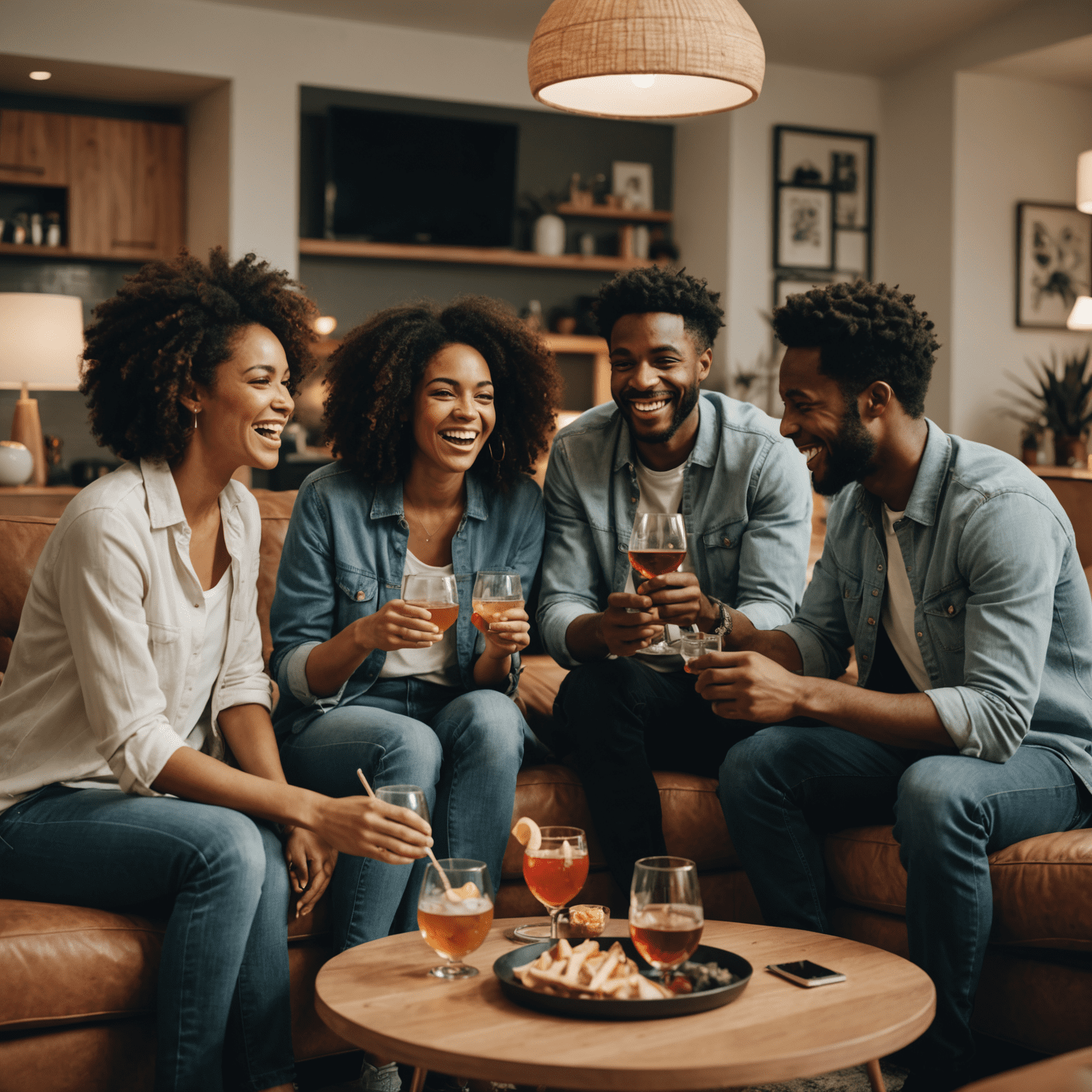 Grupo diverso de amigos jugando Stake en una sala de estar moderna, con risas y bebidas, mostrando la naturaleza social del juego