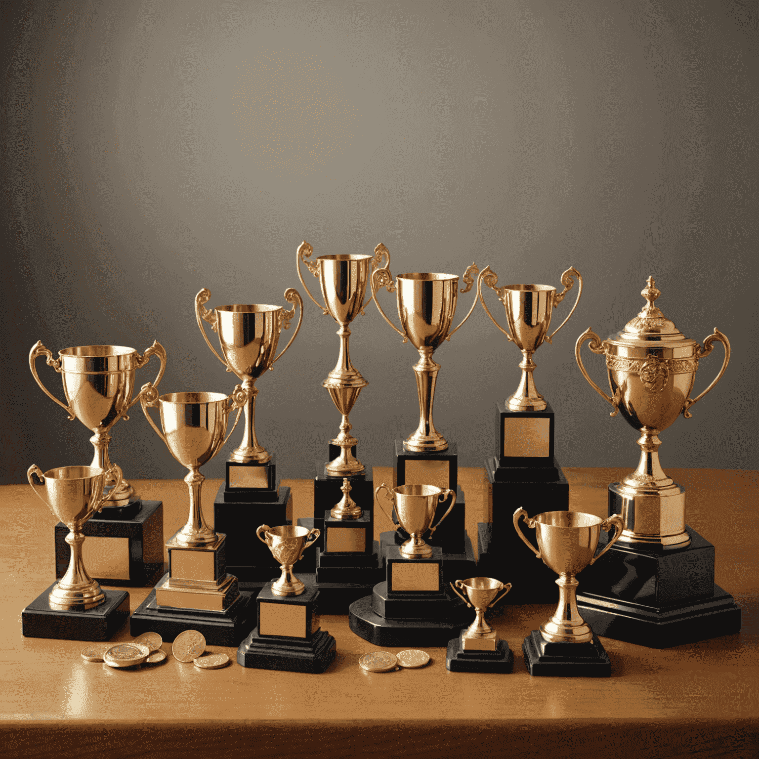 Variedad de trofeos y medallas de Stake sobre una mesa decorativa